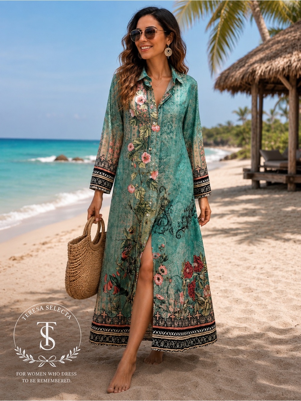 NWT UOOZEE Floral Button Front Maxi Shirt Dress Green Pink NWT One Size Boho Be